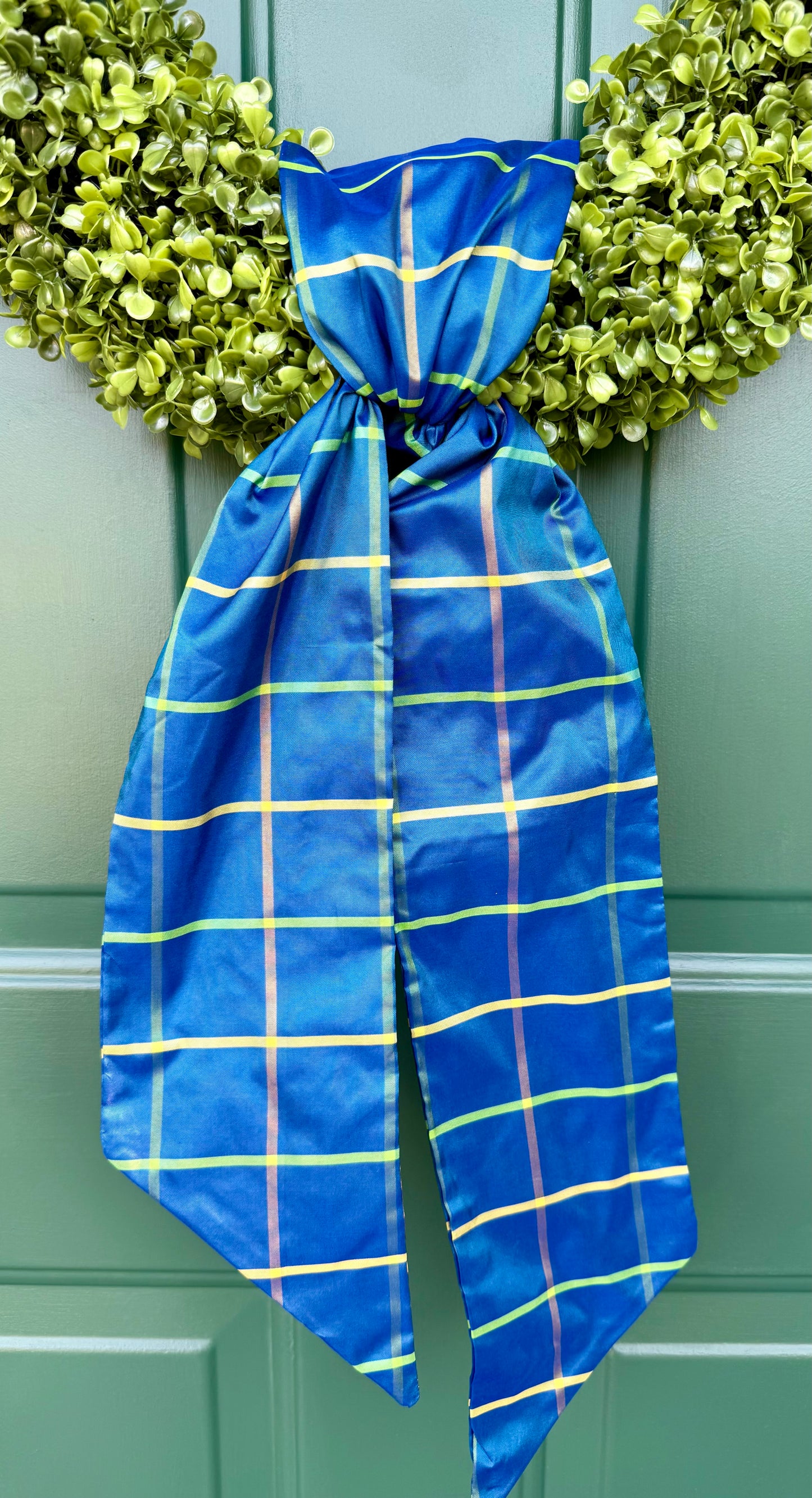 Preppy Plaid Blue Silk Wreath Sash