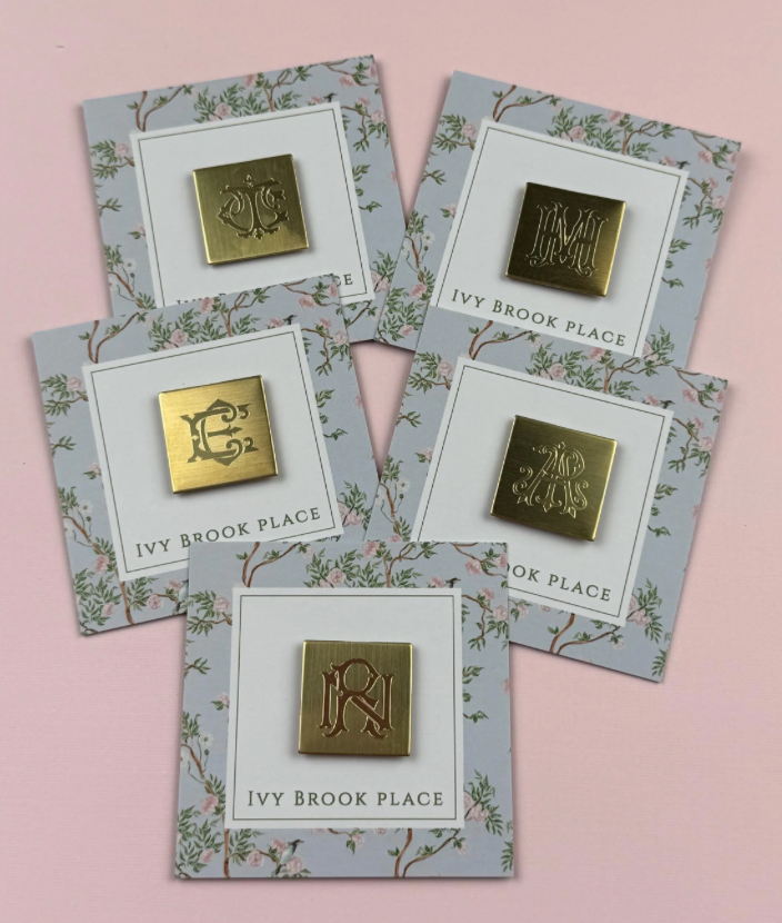 Square Brass Needle Minder with Monogram Chic Font