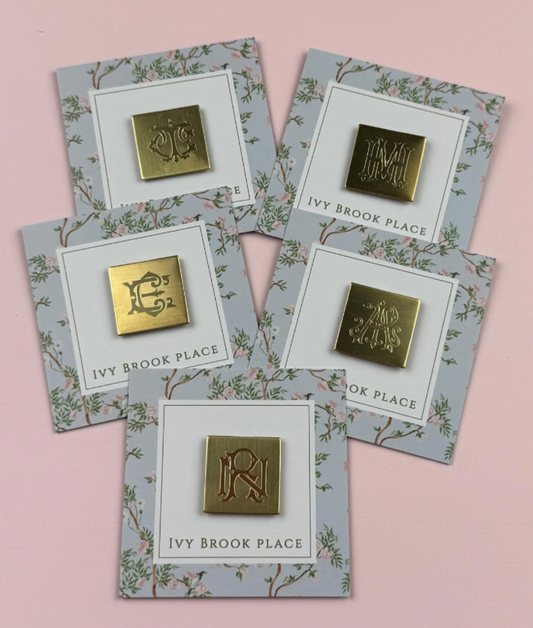 Square Brass Needle Minder with Monogram Chic Font