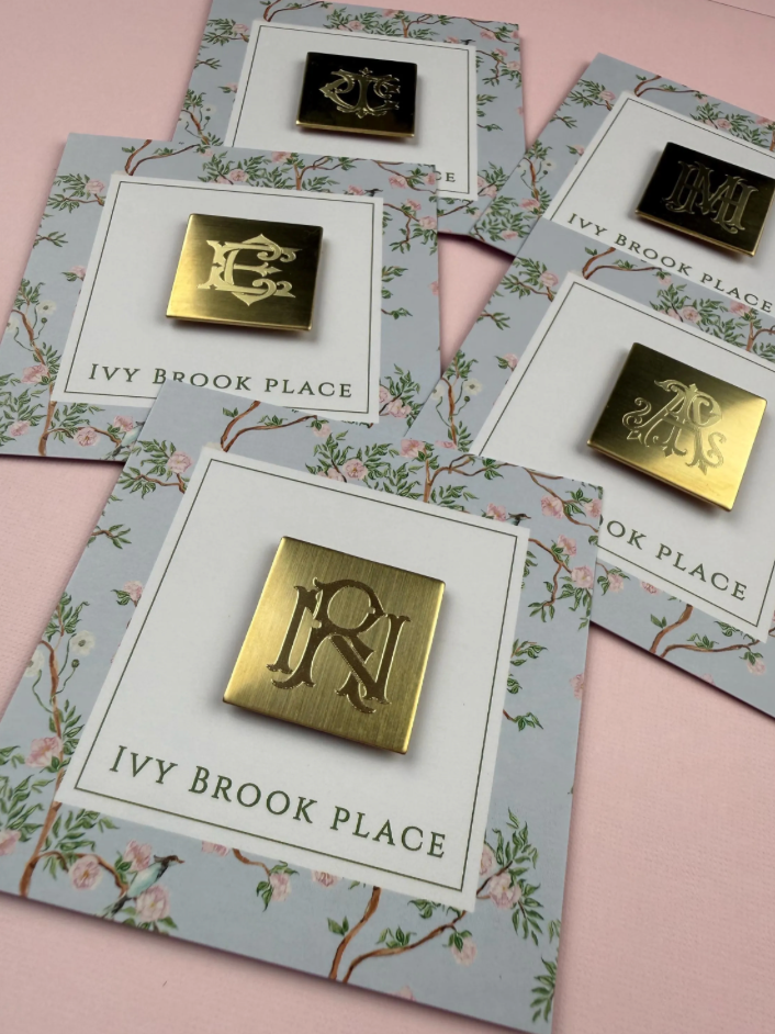 Square Brass Needle Minder with Monogram Chic Font